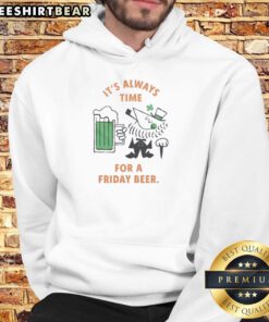 Cartoon leprechaun celebrating St. Patrick's Day in a hoodie with 'It's Always Time for a Friday Beer' slogan.