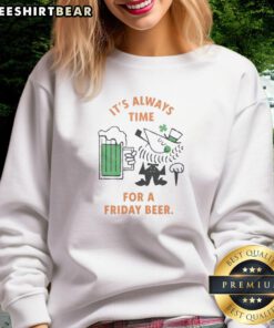 Cartoon leprechaun on a 'It's Always Time For A Friday Beer' sweatshirt for St. Patrick's Day celebration.