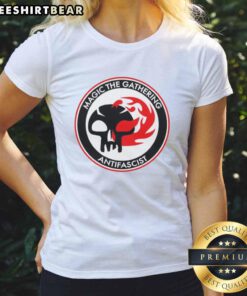 Official Magic: The Gathering Antifascist Ladies Tee featuring bold graphics and vibrant colors for fans and activists.
