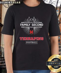 Official Maryland Terrapins 'God First Family Second Then Terrapins' ladies tee, showcasing team spirit and style.