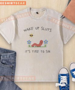 Alt Text: Official Nicolas Vansteenberghe wearing a Wake Up Sluts, It's Time to Sin washed t-shirt, showcasing bold streetwear style.