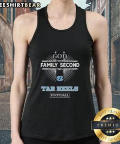 Official North Carolina Tar Heels football tank top featuring 'God First, Family Second, Then Tar Heels' design.