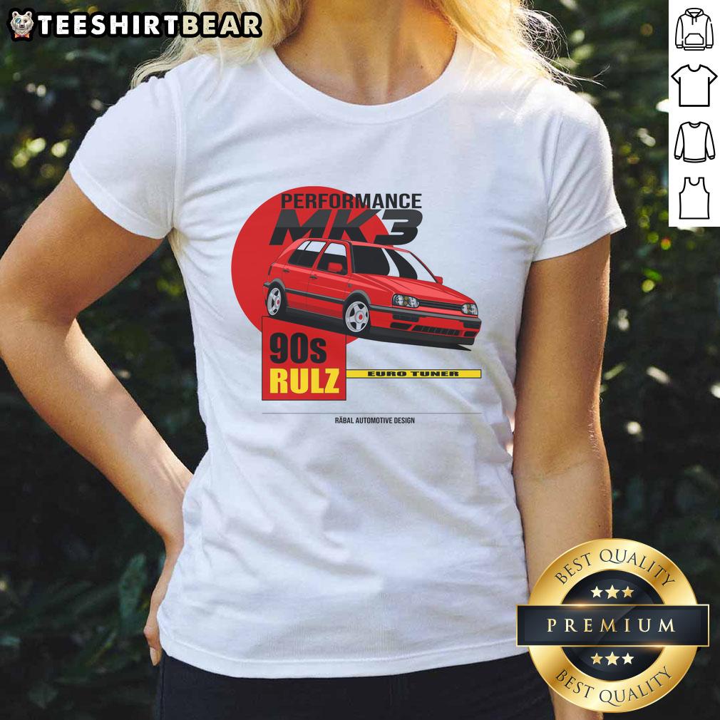 Alt Text: Official Performance Mk3 90s Rulz Ladies Tee featuring retro design and vibrant colors for stylish 90s fashion enthusiasts.