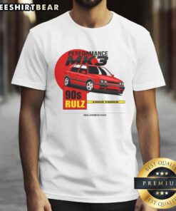 Alt Text: Official Performance Mk3 90S Rulz T-Shirt featuring retro design and vibrant colors for car enthusiasts.