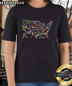 Alt Text: Official Retro Arcade USA Pacman Ladies Tee featuring a vibrant Pac-Man graphic on a stylish women's t-shirt.