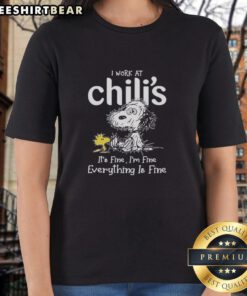 Alt Text: Official Snoopy and Woodstock X Chilis tee featuring I work at it's fine, I'm fine, everything is fine slogan for ladies.