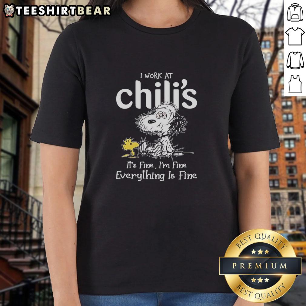 Alt Text: Official Snoopy and Woodstock X Chilis tee featuring I work at it's fine, I'm fine, everything is fine slogan for ladies.