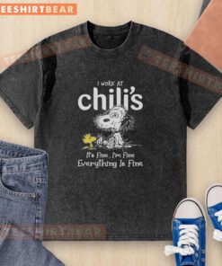 Official Snoopy and Woodstock X Chili's 'I Work At It's Fine I'm Fine Everything Is Fine' washed t-shirt design.