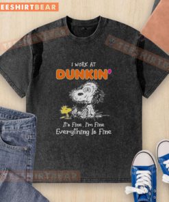 Official Snoopy and Woodstock X Dunkin' Donuts washed t-shirt featuring 'I work at it's fine I'm fine everything is fine' design.