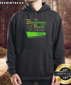 Alt Text: Vintage 'The Boomerang Room and Dobbs Drive-In' logo on a hoodie, celebrating San Francisco's classic restaurant vibe.