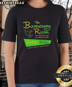 Alt Text: Vintage logo of The Boomerang Room and Dobbs Drive-In, a classic San Francisco restaurant, on a ladies' tee.
