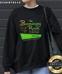 Alt Text: Vintage sweatshirt featuring the logo of the Boomerang Room and Dobbs Drive-In in San Francisco.