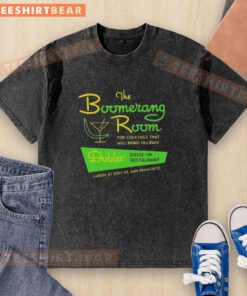 Vintage logo of The Boomerang Room and Dobbs Drive-In San Francisco on a washed t-shirt, showcasing retro restaurant style.