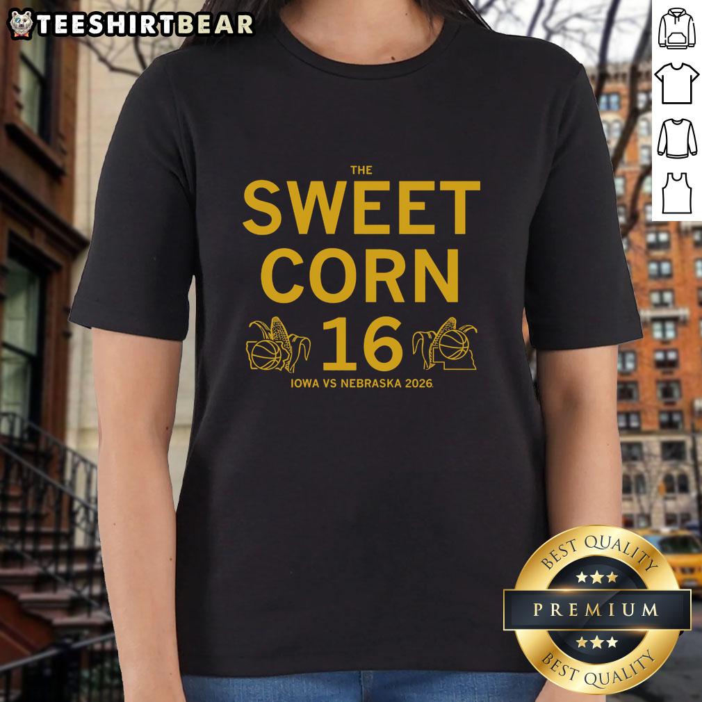 Alt Text: Official The Sweet Corn 16 Iowa Vs Nebraska 2026 Ladies Tee featuring vibrant team colors and stylish design.