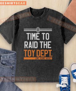 Official Time To Raid The Toy Dept Long Island Hockey T-Shirt in a faded wash design, perfect for hockey fans.