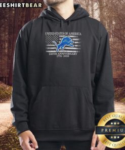 Official United States of America 250th Anniversary hoodie featuring Detroit Lions logo and US flag design.