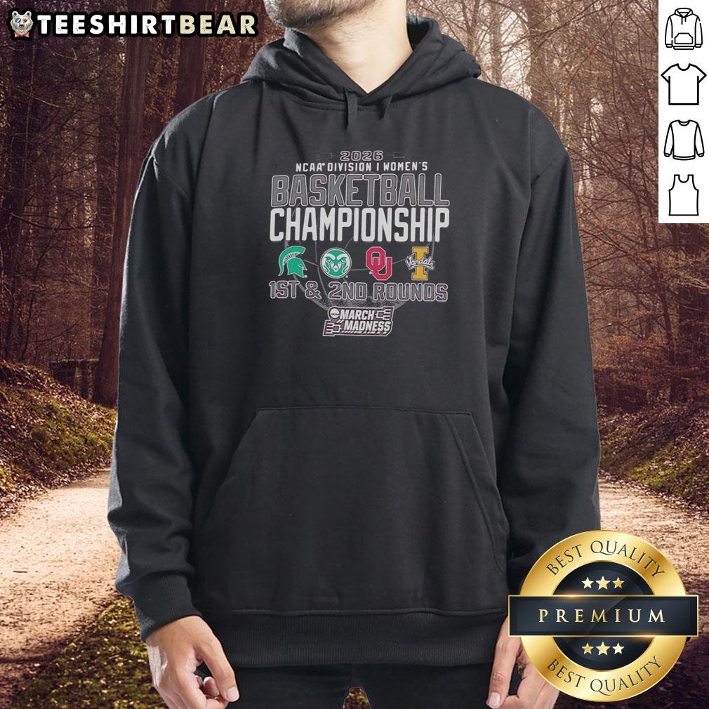 Alt Text: 2026 NCAA Division I Women's Basketball Championship hoodie featuring Spartans, Colorado, Idaho, and Oklahoma logos.