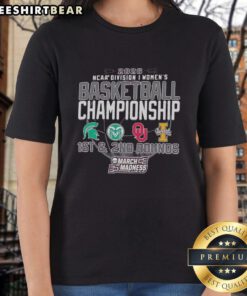 Alt Text: 2026 NCAA Division I Women's Basketball Championship tee featuring Spartans, Colorado, Idaho, and Oklahoma teams.