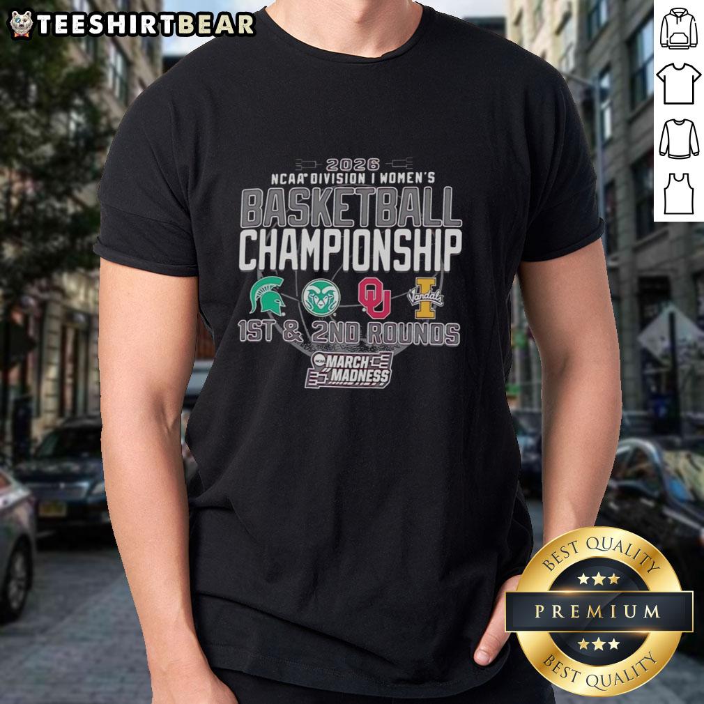 2026 NCAA Division I Women's Basketball Championship T-Shirt featuring Spartans, Colorado, Idaho, and Oklahoma logos.