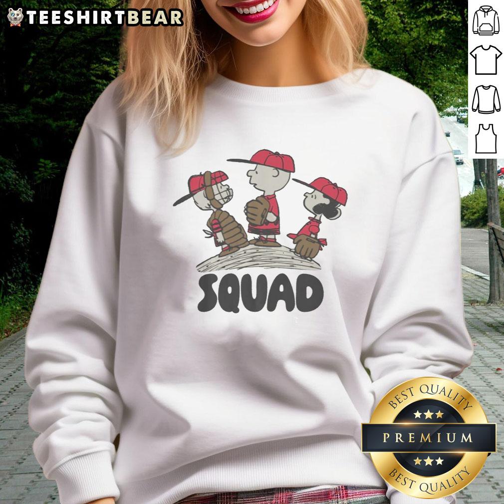 Original Peanuts 3/4 Sleeve Raglan Baseball Squad Sweatshirt featuring classic Peanuts characters in vibrant colors.