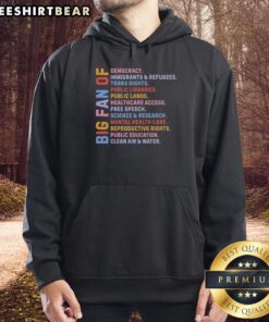 Person wearing 'Radicalized By Basic Decency' hoodie, promoting democracy, immigrant rights, and trans rights.