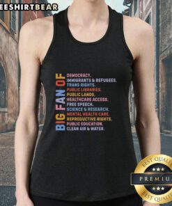 Original Radicalized By Basic Decency tank top featuring pro-democracy, immigrant, refugee, and trans rights designs.