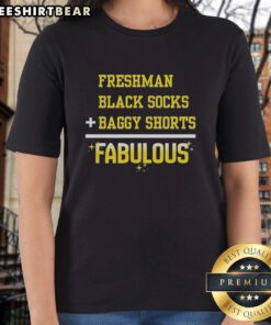 Premium Freshman black socks paired with baggy shorts and a fabulous ladies tee, perfect for casual chic outfits.
