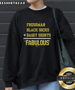 Premium Freshman black socks paired with baggy shorts and a fabulous sweatshirt for a trendy casual look.