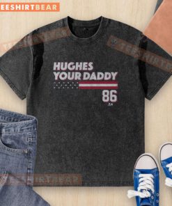 Premium Jack Hughes Your Daddy Stars Stripes 86 Washed T-Shirt featuring a stylish design for hockey fans.