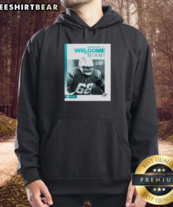 Alt Text: Premium Jamaree Salyer Miami Dolphins Welcome to Miami hoodie featuring vibrant team colors and stylish design.