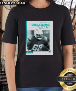 Alt Text: Premium Jamaree Salyer Miami Dolphins 'Welcome to Miami' ladies tee featuring team colors and stylish design.