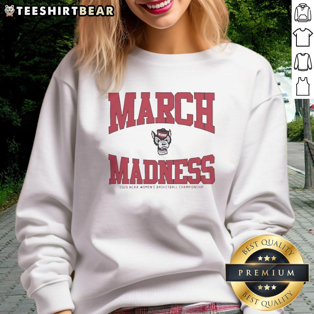 Premium NC State Wolfpack March Madness 2026 NCAA Women's Basketball Championship sweatshirt in red and white.