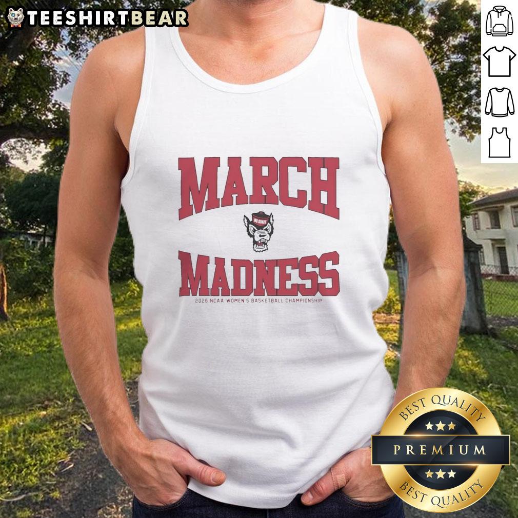 Premium NC State Wolfpack March Madness 2026 NCAA Women's Basketball Championship tank top in vibrant red and white.