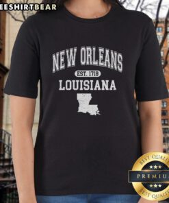 Premium New Orleans Louisiana Est 1718 Varsity Ladies Tee featuring stylish design and comfortable fit for women.