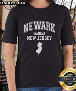 Alt Text: Premium Newark New Jersey Est 1836 Varsity Ladies Tee featuring a stylish design, perfect for casual wear.