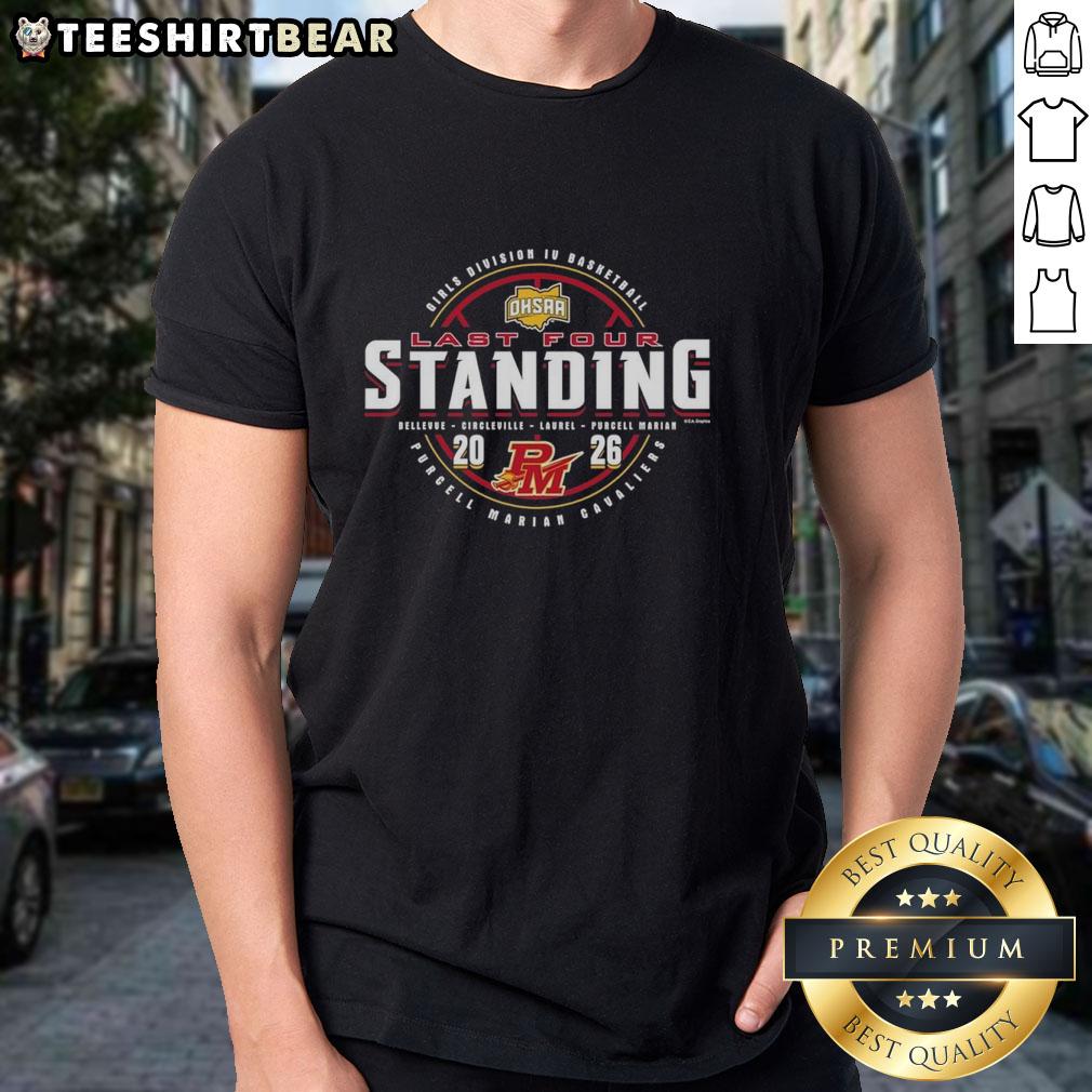 Alt Text: Premium Purcell Marian Cavaliers 2026 OHSAA Girls Basketball Division 4 Last Four Standing T-Shirt featuring team logo.
