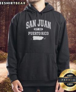 Premium San Juan Puerto Rico Est 1521 Varsity Hoodie in navy, showcasing vibrant graphics and stylish design.