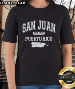 Premium San Juan Puerto Rico Est 1521 Varsity Ladies Tee in soft fabric, perfect for stylish summer outings.