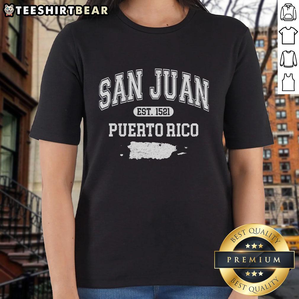 Premium San Juan Puerto Rico Est 1521 Varsity Ladies Tee in soft fabric, perfect for stylish summer outings.