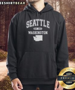 Premium Seattle Washington Est 1853 Varsity Hoodie in navy blue, featuring bold lettering and a comfortable fit.