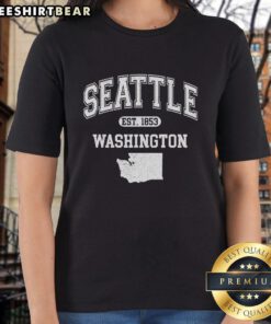 Premium Seattle Washington Est 1853 Varsity Ladies Tee featuring stylish design and comfortable fit for casual wear.