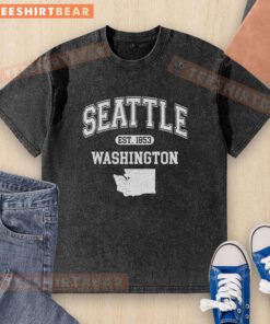 Premium Seattle Washington Est 1853 Varsity Washed T-Shirt in soft fabric, perfect for casual wear in Seattle.