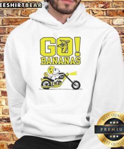 Alt Text: Premium Snoopy and Woodstock driving hoodie featuring a fun 'Go Bananas' design with vibrant colors. Perfect for fans!