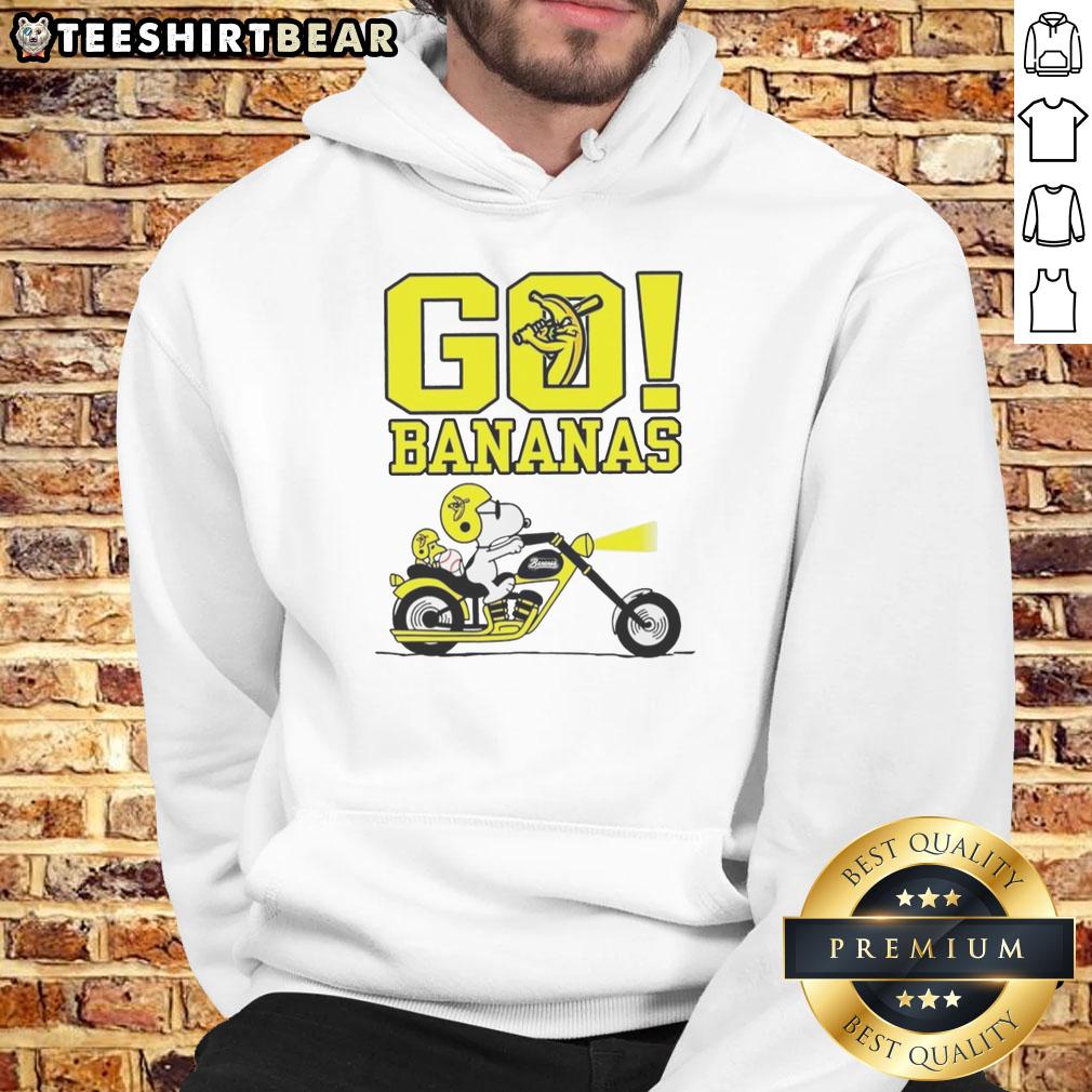 Alt Text: Premium Snoopy and Woodstock driving hoodie featuring a fun 'Go Bananas' design with vibrant colors. Perfect for fans!