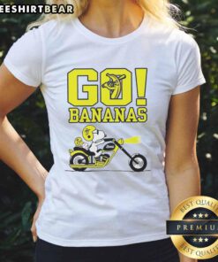 Alt Text: Premium Snoopy and Woodstock driving with bananas on a ladies tee, perfect for fans of Peanuts and casual wear.