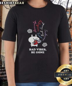 Alt Text: Premium Usagyuuun Bad Vibes Be Gone Black Ladies Tee featuring a stylish design for a positive vibe wardrobe.