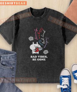 Alt Text: Premium Usagyuuun Bad Vibes Be Gone Black Washed T-Shirt featuring a stylish graphic design for a trendy look.