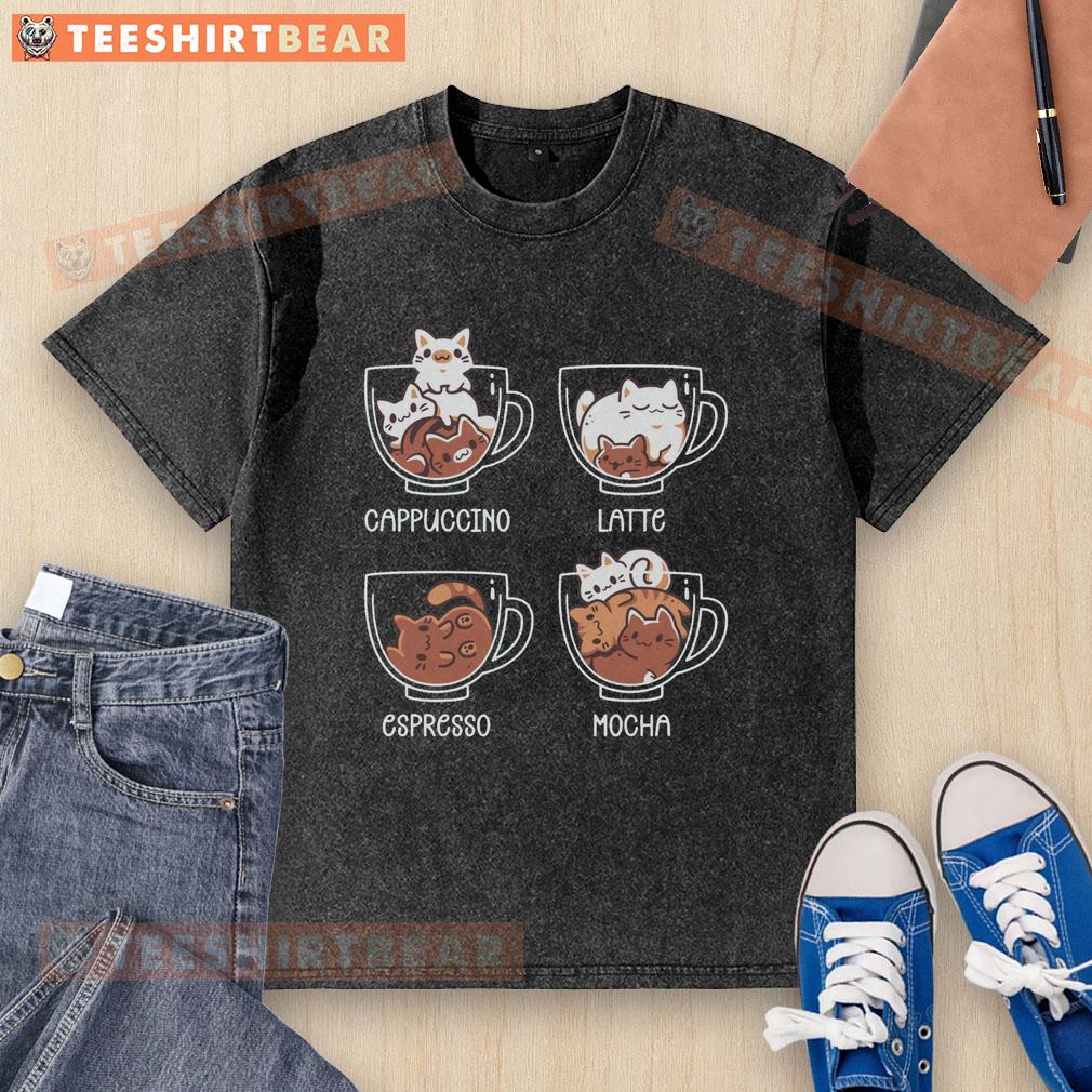 Pretty Cat Coffee Guide washed t-shirt featuring a cute cat design, perfect for coffee lovers and casual wear.