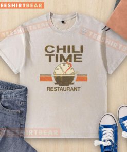 Alt Text: Pretty Chili Time sign on a St. Bernard washed t-shirt showcasing vibrant colors and playful design.