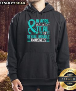 Teal hoodie with a blue ribbon design for Sexual Assault Awareness Month in April, promoting awareness and support.